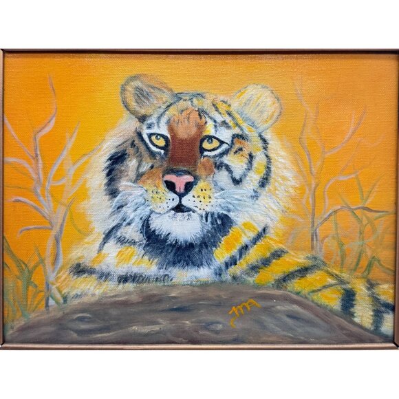 Original Oil Painting "Regal Tiger" Thelma Allison Framed on Canvas 10.5 x 13.5 - Picture 2 of 6